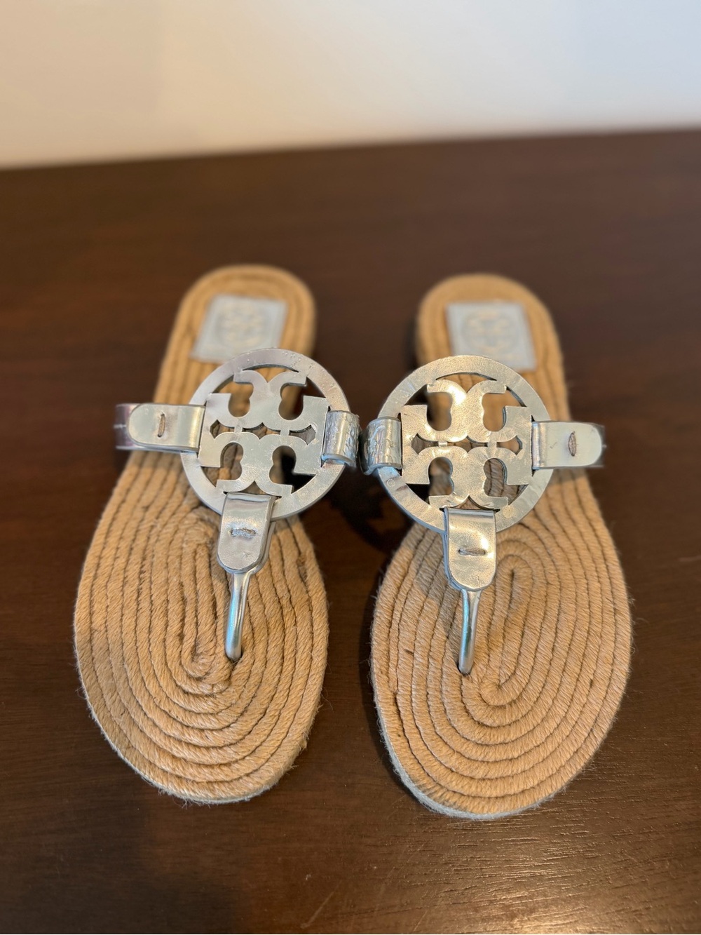 Tory Burch sandals Miller Espadrille silver leather flat size 6